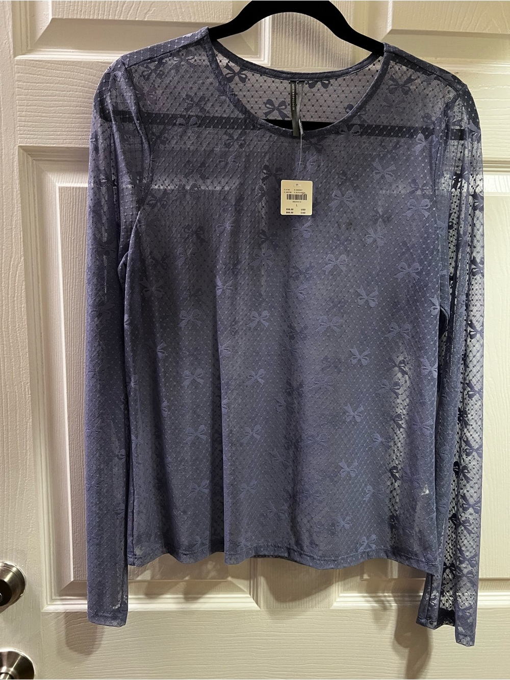 Anthropologie Sheer Long-Sleeve Bow-Print Top in slate color